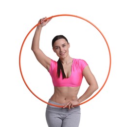 Photo of Smiling woman with hula hoop on white background