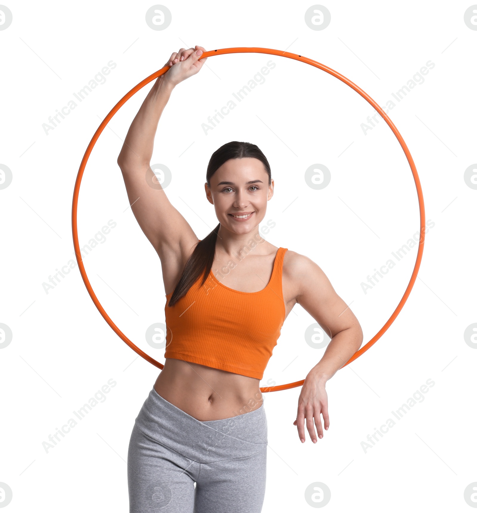 Photo of Smiling woman with hula hoop on white background