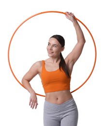 Photo of Smiling woman with hula hoop on white background