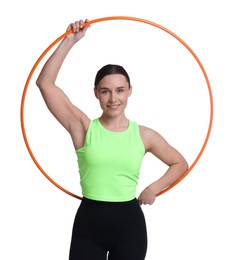 Photo of Smiling woman with hula hoop on white background