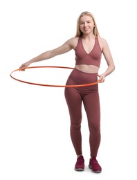 Photo of Beautiful young woman exercising with hula hoop on white background