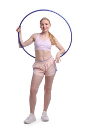 Photo of Beautiful young woman with hula hoop isolated on white