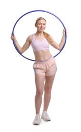 Photo of Beautiful young woman with hula hoop isolated on white