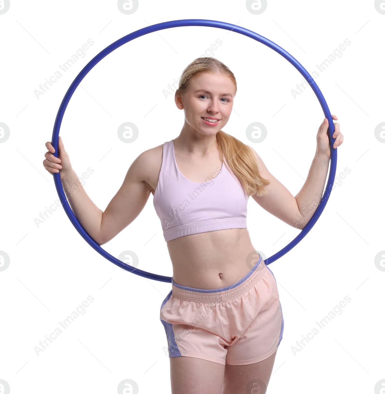 Photo of Beautiful young woman with hula hoop isolated on white