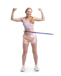 Photo of Beautiful young woman exercising with hula hoop on white background