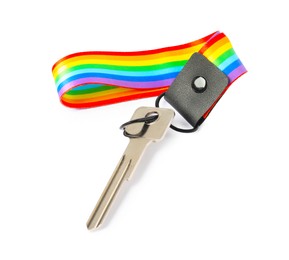 Photo of Key with keychain in LGBT colors on white background