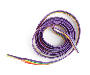 Photo of Shoelace in LGBT colors on white background, top view