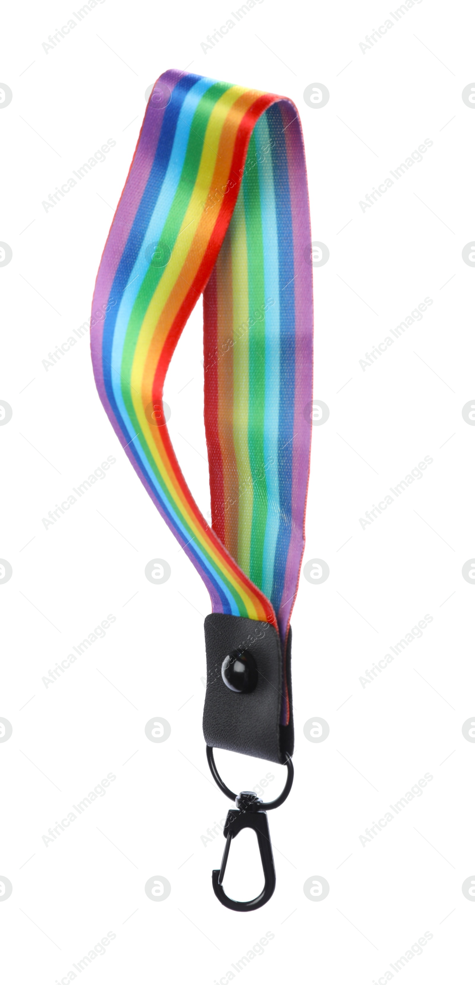 Photo of One keychain in LGBT colors on white background