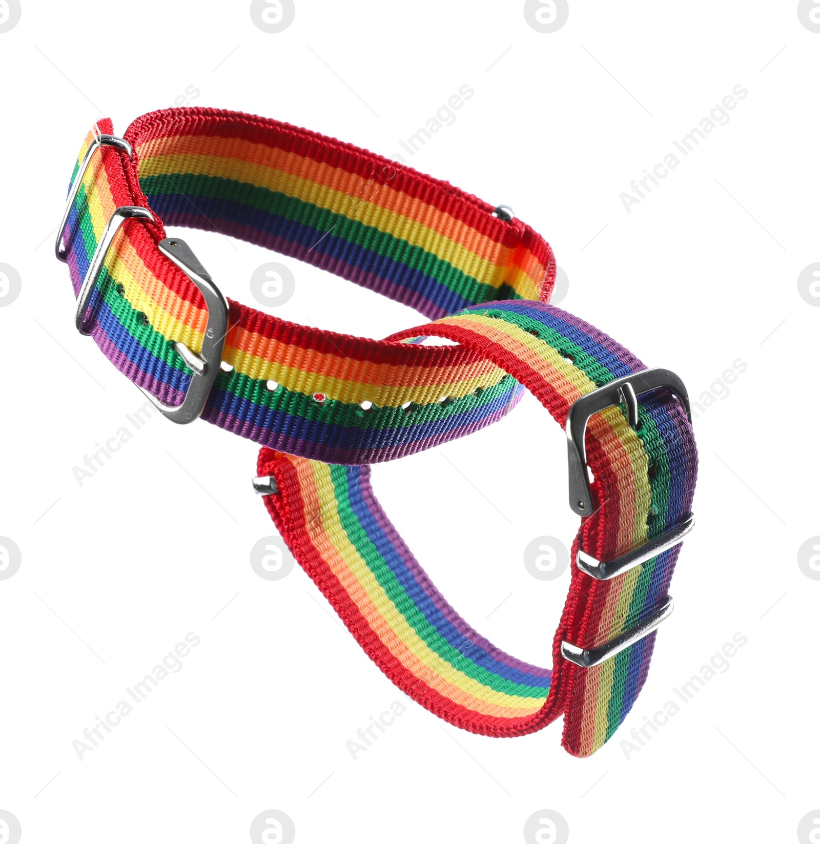 Photo of Two wristbands in LGBT colors on white background