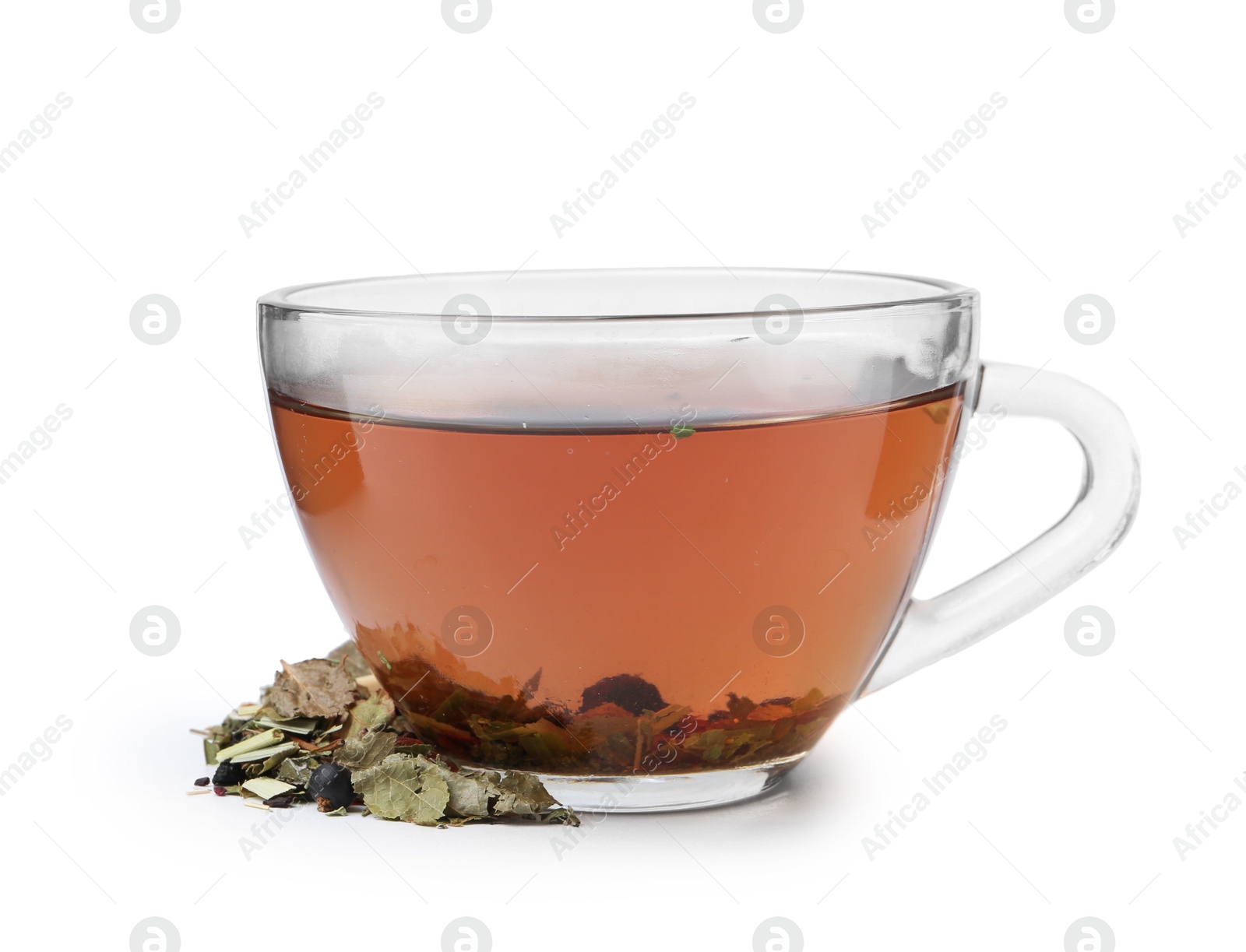 Photo of Delicious herbal tea and dry leaves isolated on white