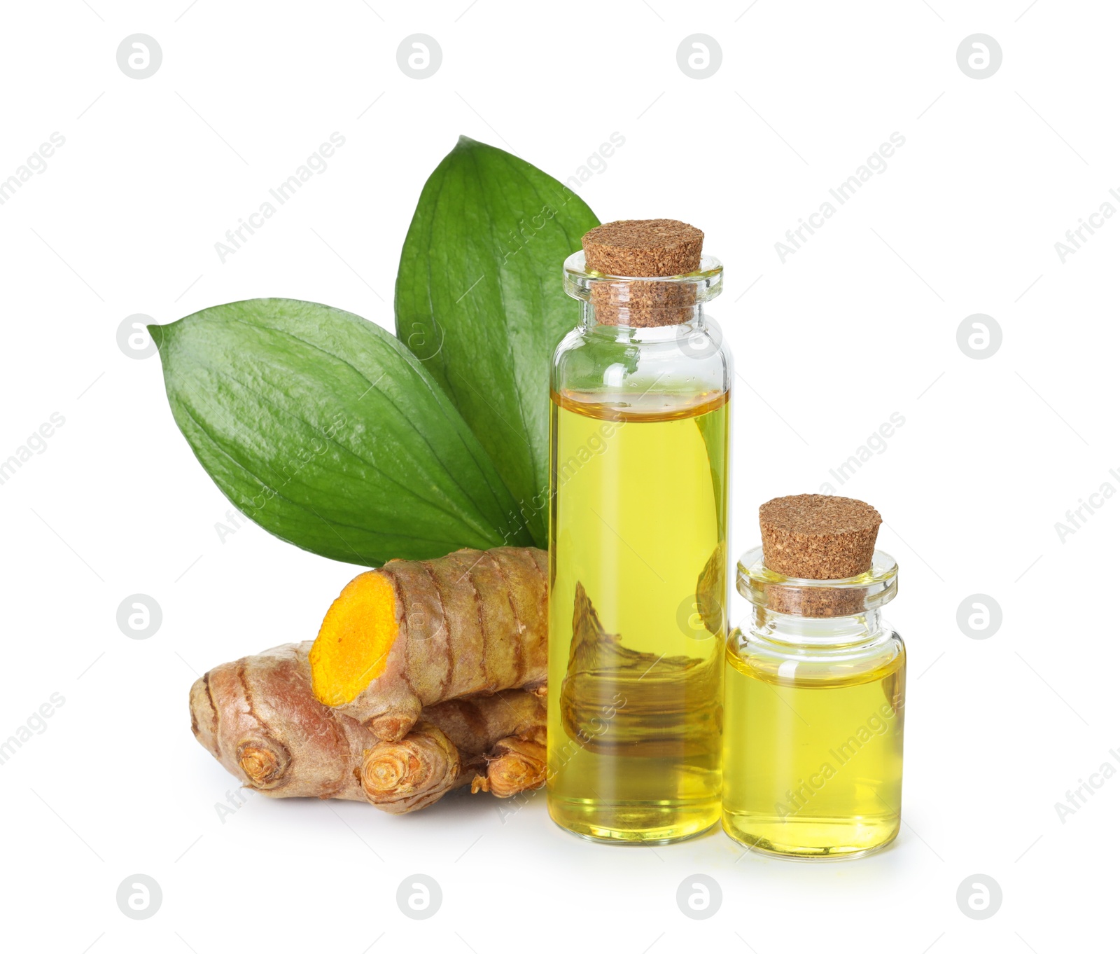 Photo of Bottles of turmeric essential oil, raw roots and leaves isolated on white