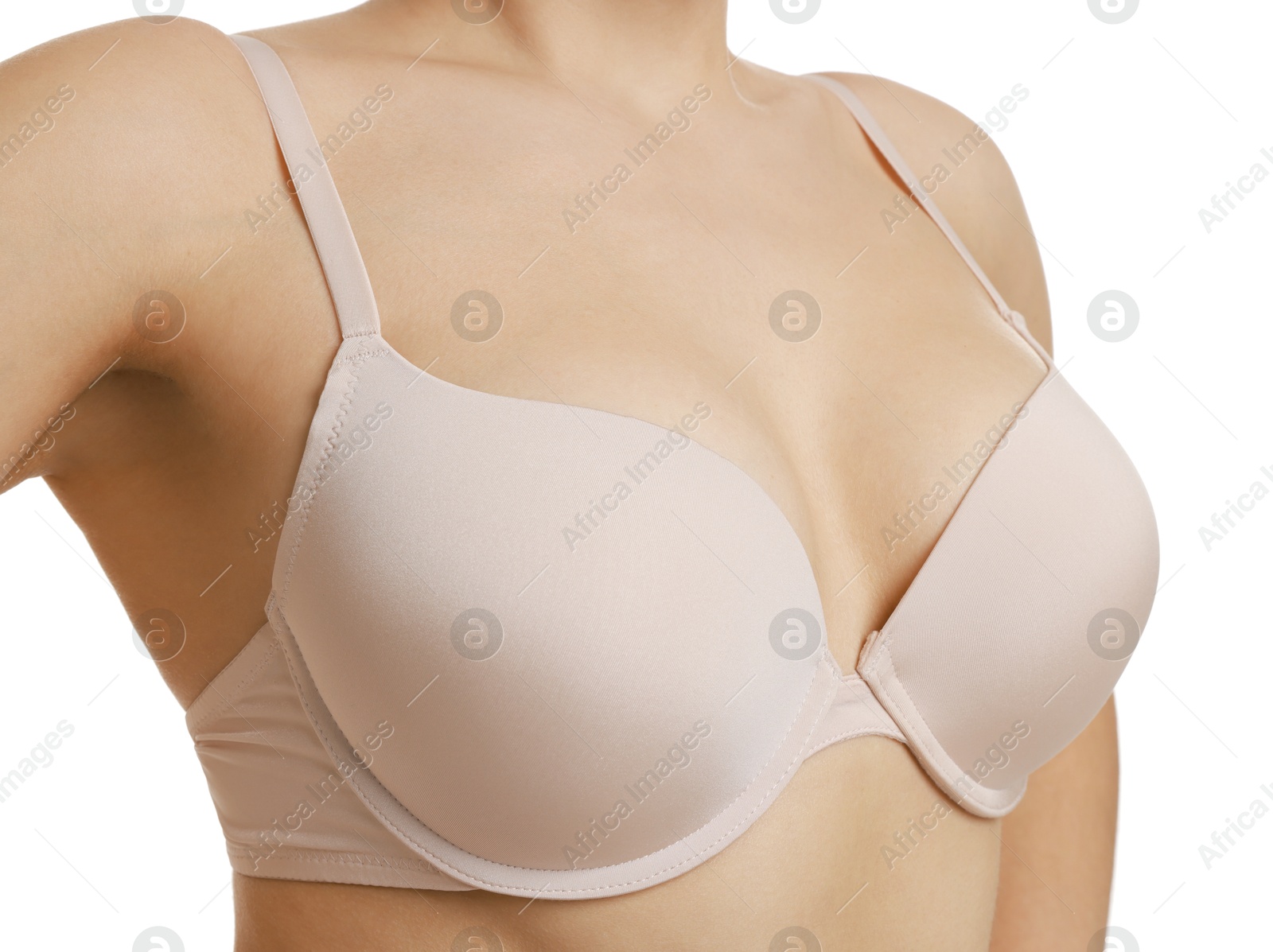 Photo of Woman wearing beautiful bra on white background, closeup