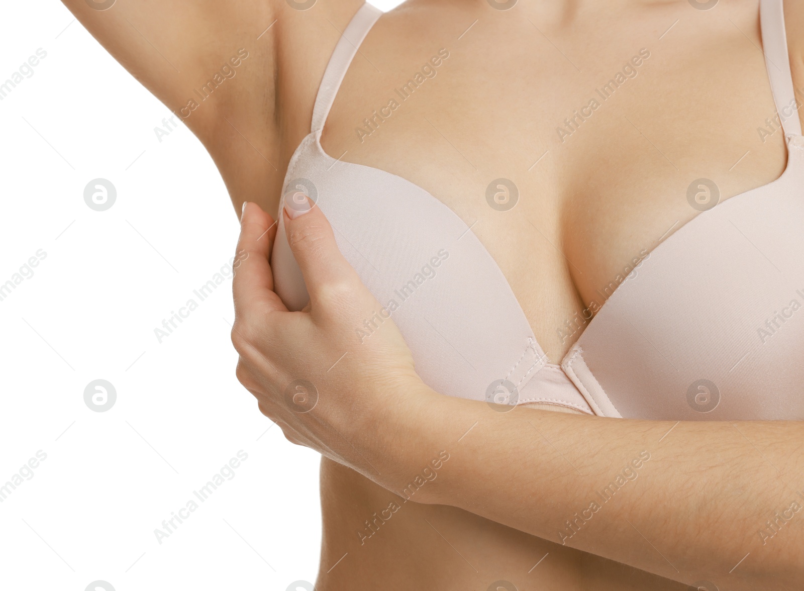 Photo of Woman wearing beautiful bra on white background, closeup