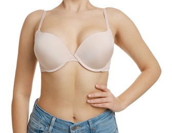 Photo of Woman wearing beautiful bra on white background, closeup