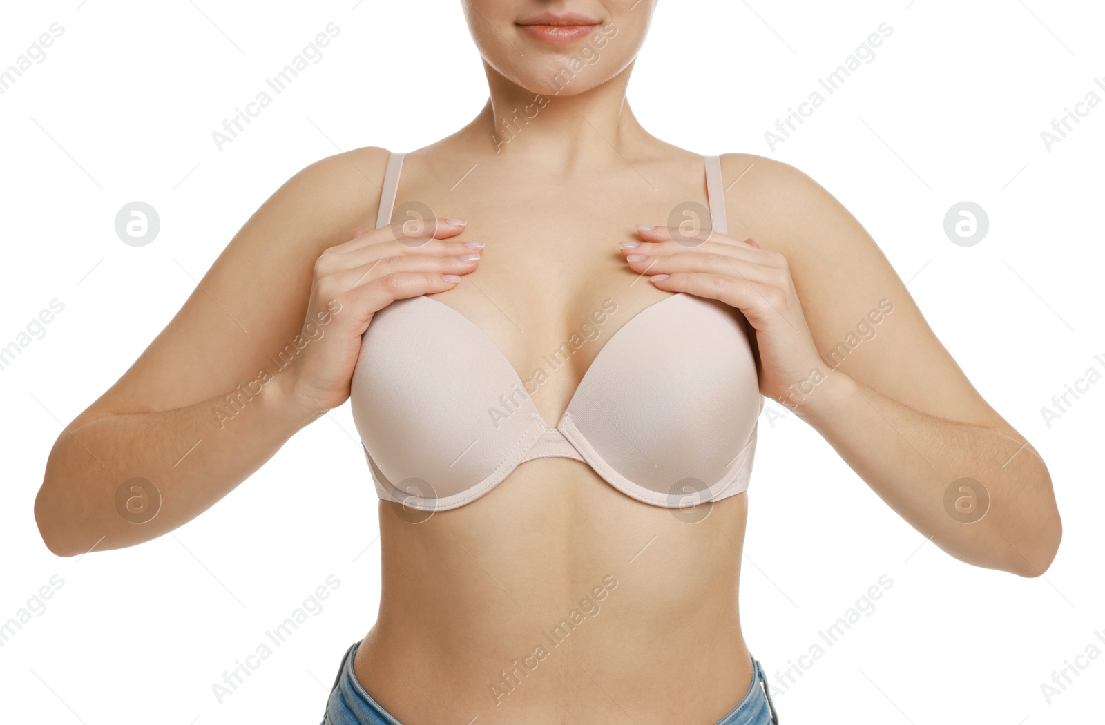 Photo of Woman wearing beautiful bra on white background, closeup