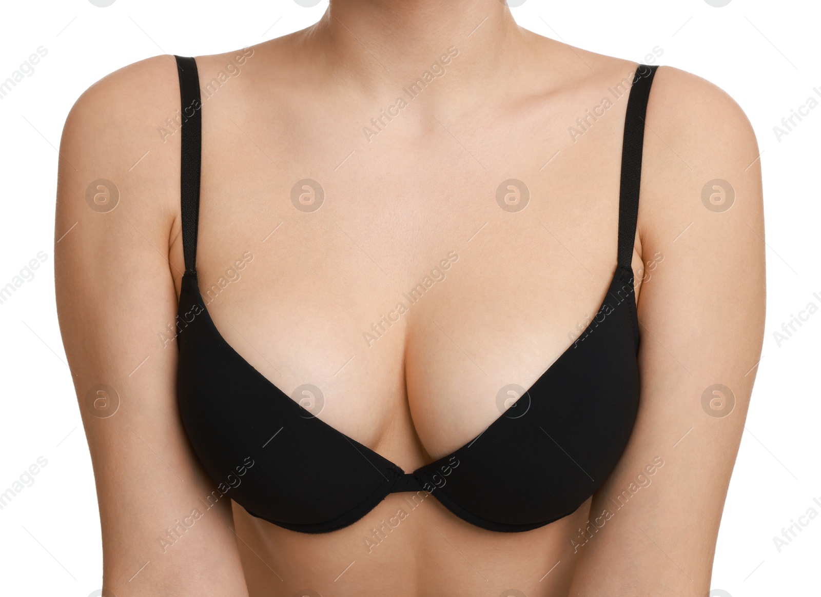 Photo of Woman wearing beautiful bra on white background, closeup