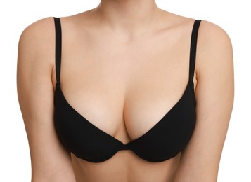 Photo of Woman wearing beautiful bra on white background, closeup