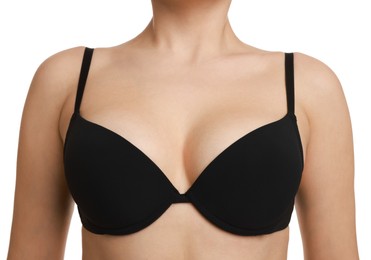 Photo of Woman wearing beautiful bra on white background, closeup