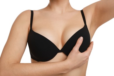 Photo of Woman wearing beautiful bra on white background, closeup