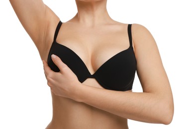 Photo of Woman wearing beautiful bra on white background, closeup