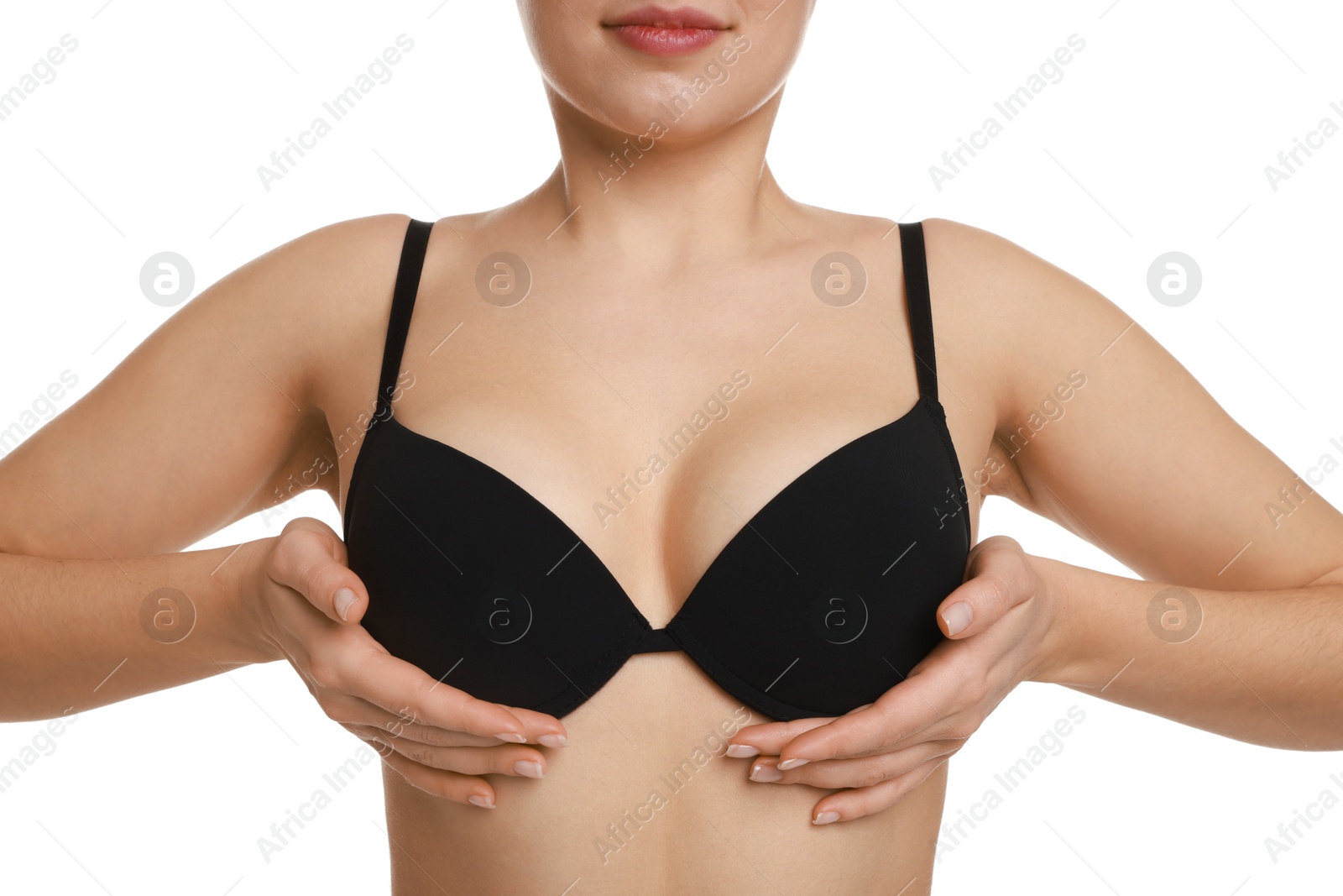 Photo of Woman wearing beautiful bra on white background, closeup