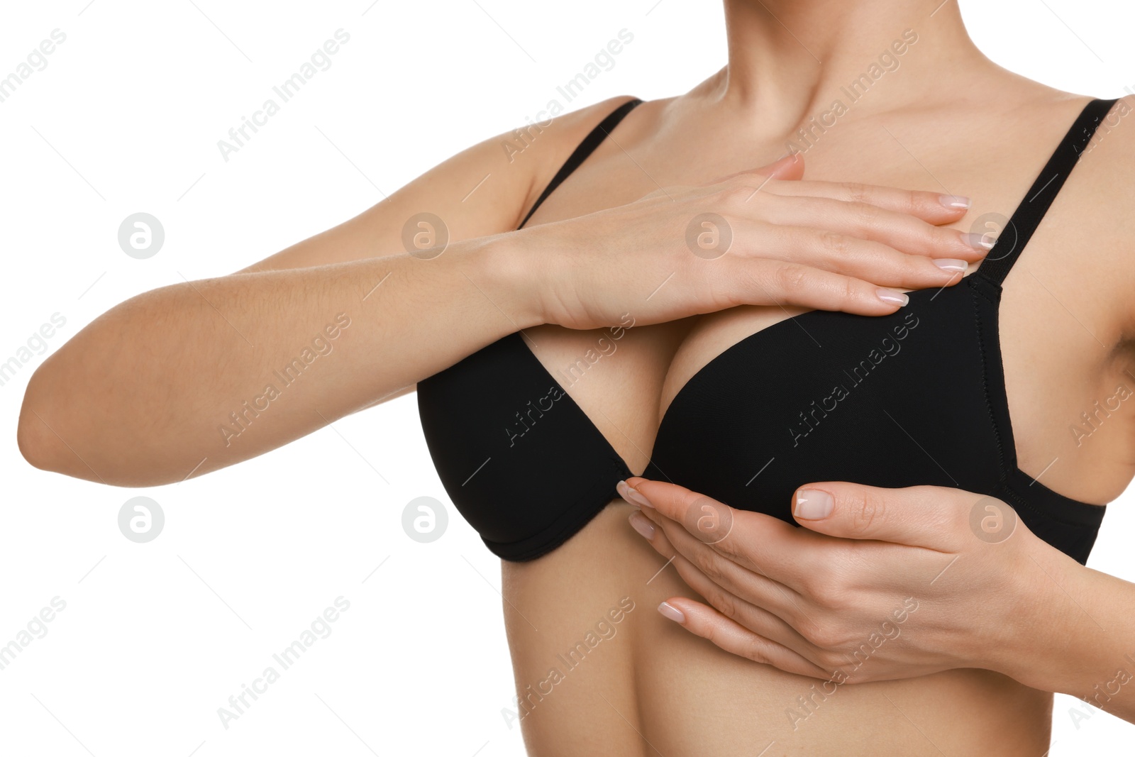 Photo of Woman wearing beautiful bra on white background, closeup