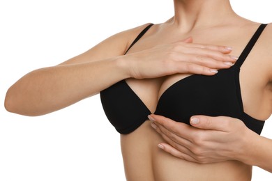 Woman wearing beautiful bra on white background, closeup