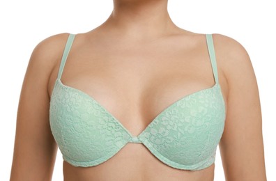 Woman wearing beautiful bra on white background, closeup