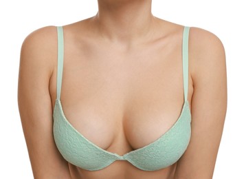 Photo of Woman wearing beautiful bra on white background, closeup