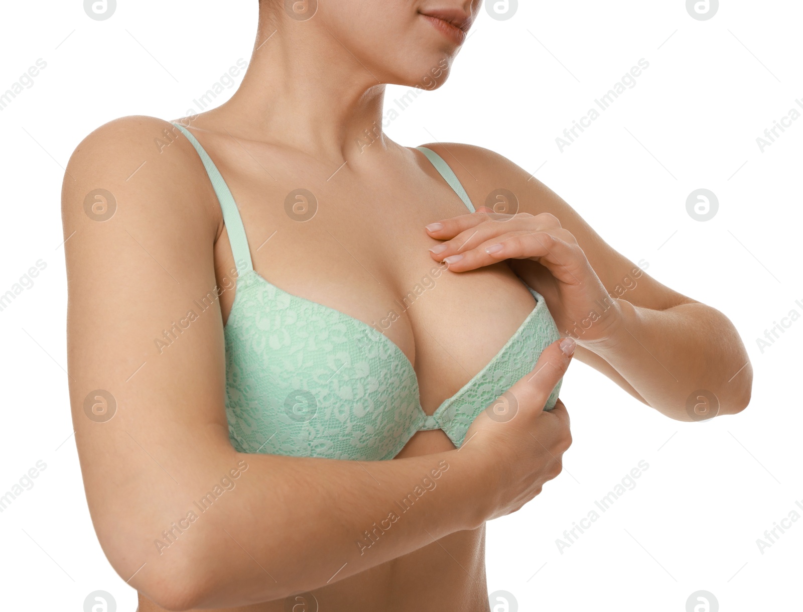 Photo of Woman wearing beautiful bra on white background, closeup