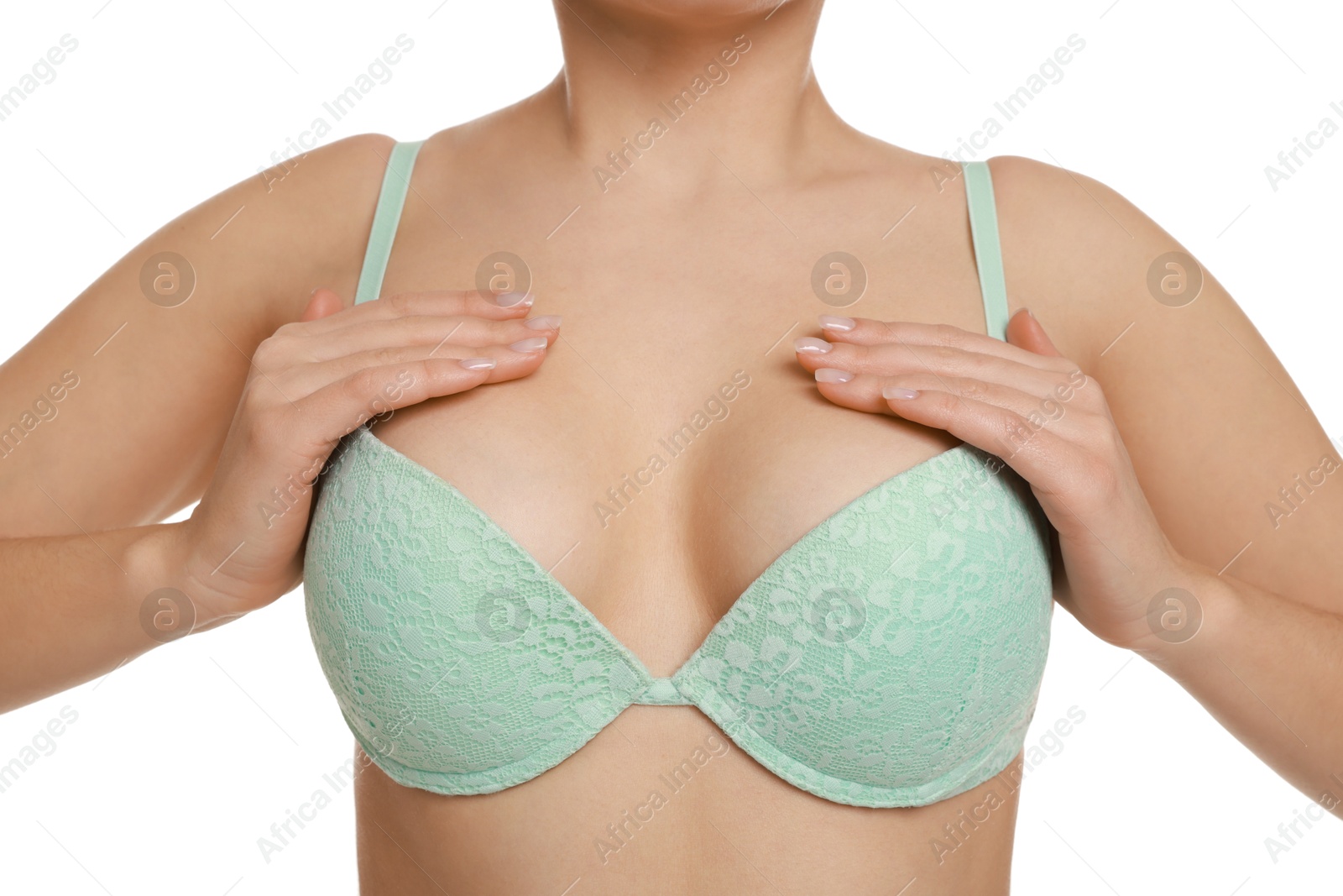 Photo of Woman wearing beautiful bra on white background, closeup