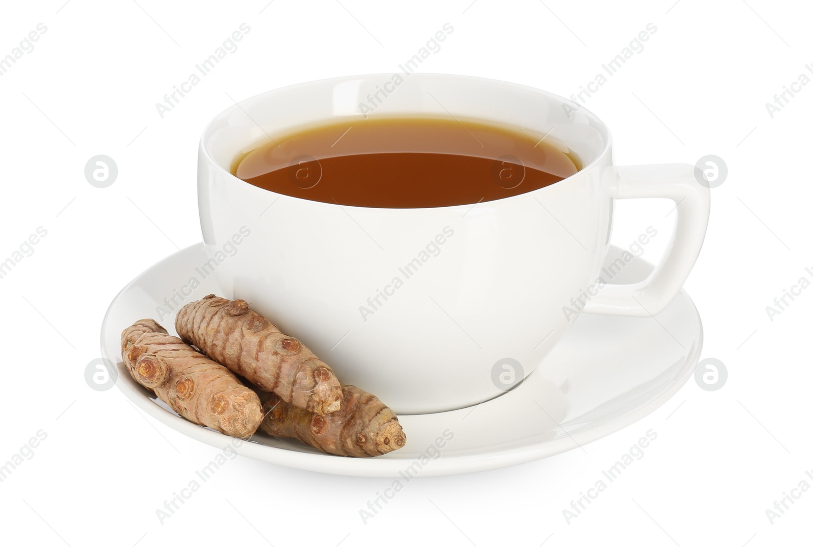 Photo of Aromatic turmeric tea in cup and roots isolated on white