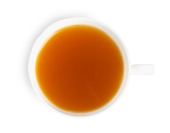 Photo of Aromatic turmeric tea in cup isolated on white, top view