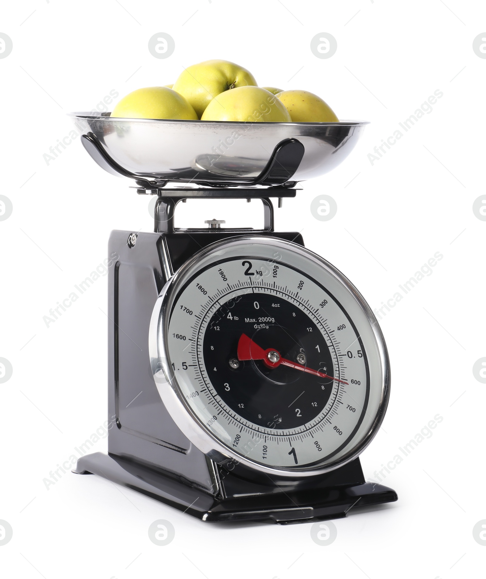 Photo of Retro mechanical kitchen scale with apples isolated on white