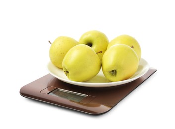 Photo of Modern electronic kitchen scale with apples isolated on white