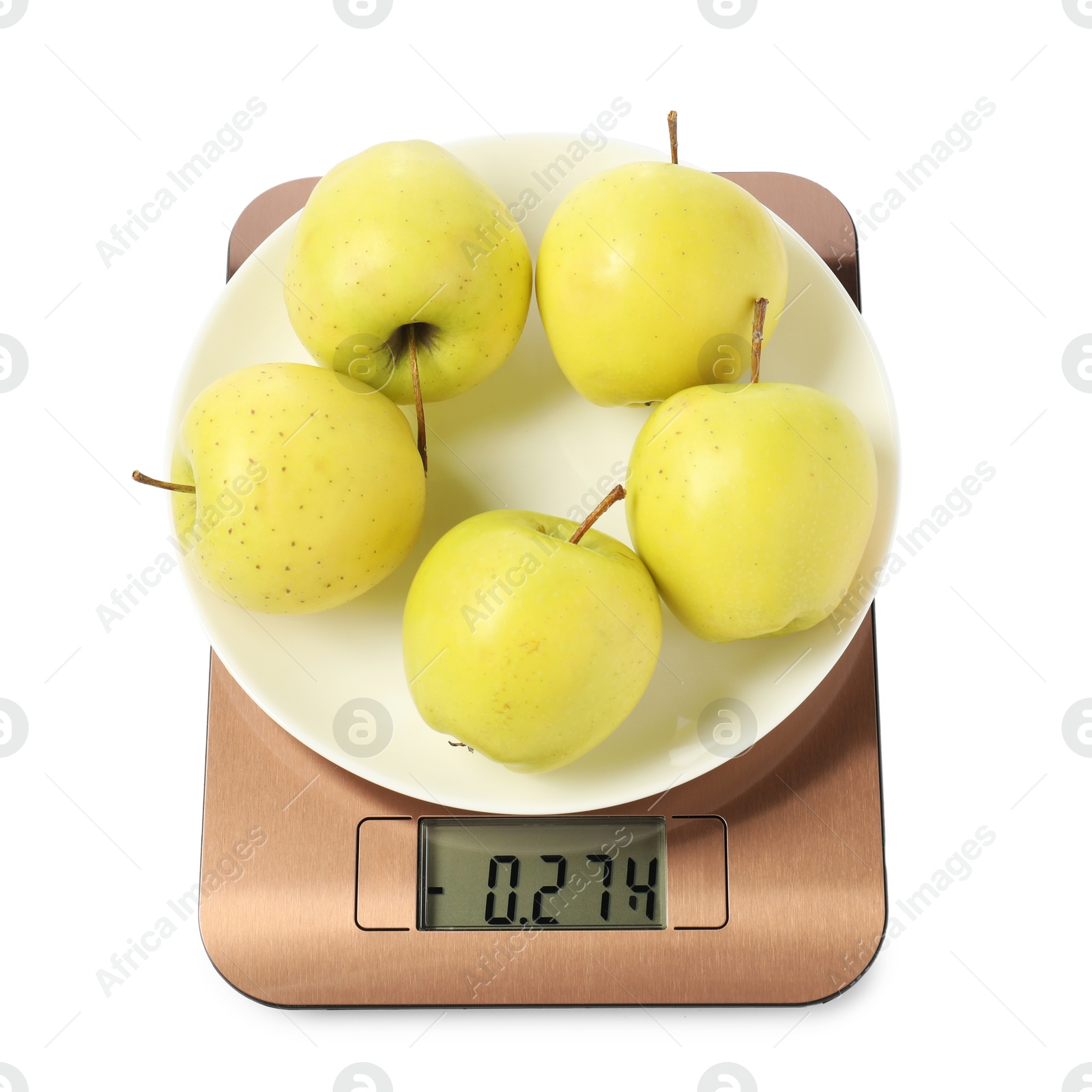 Photo of Modern electronic kitchen scale with apples isolated on white, above view