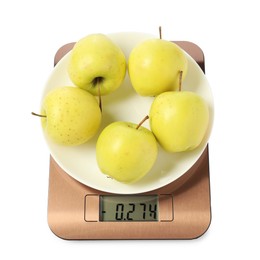 Photo of Modern electronic kitchen scale with apples isolated on white, above view