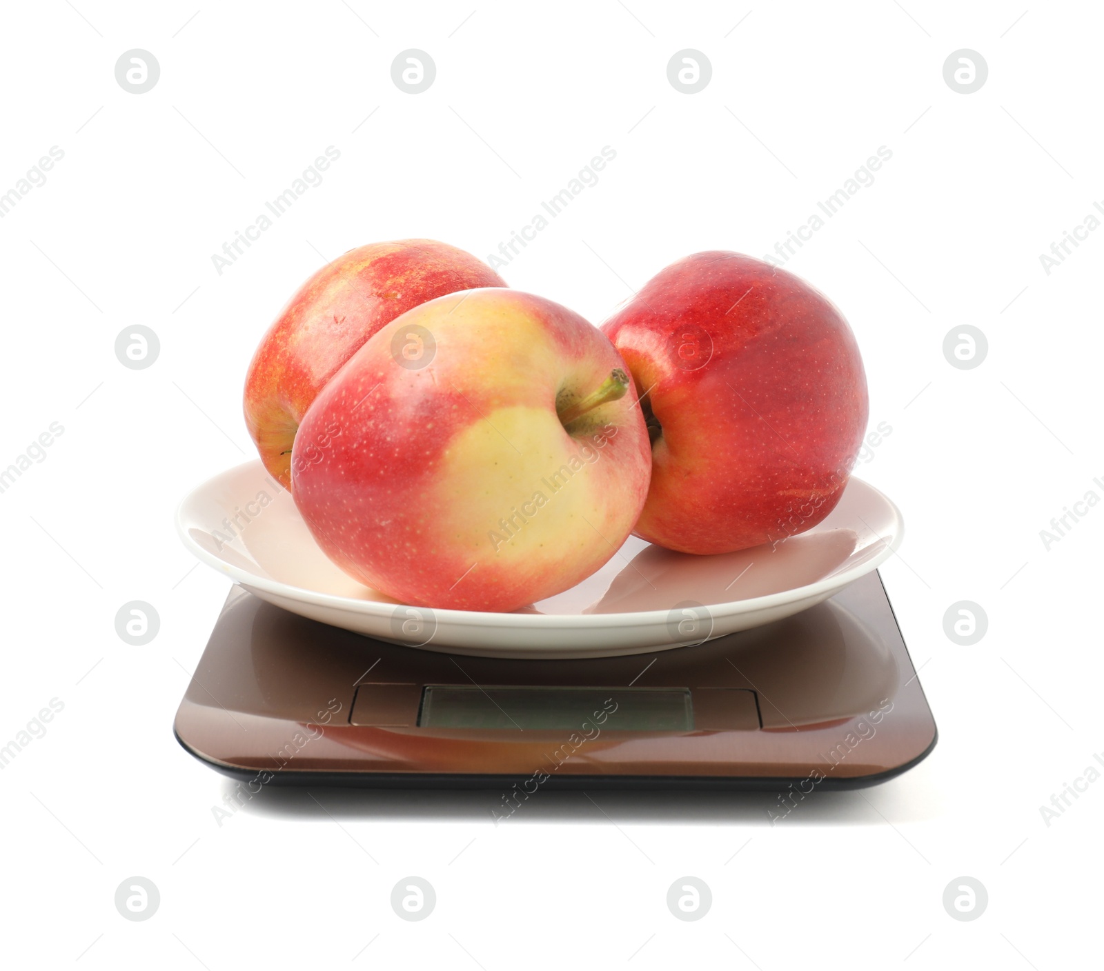 Photo of Modern electronic kitchen scale with apples isolated on white