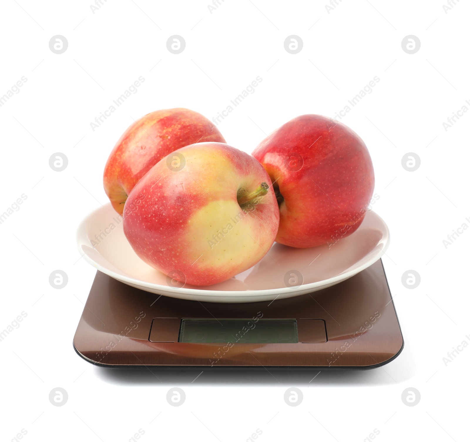 Photo of Modern electronic kitchen scale with apples isolated on white