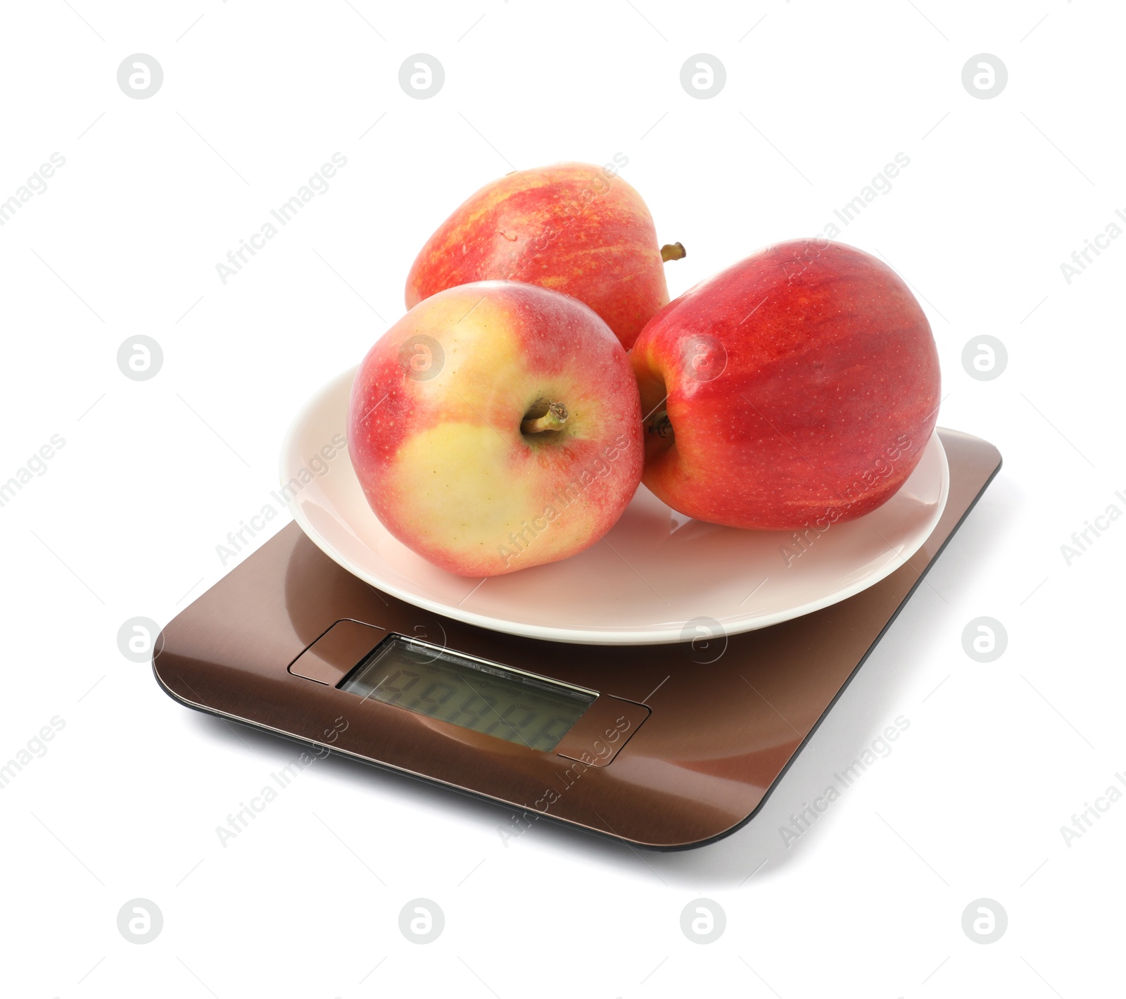 Photo of Modern electronic kitchen scale with apples isolated on white