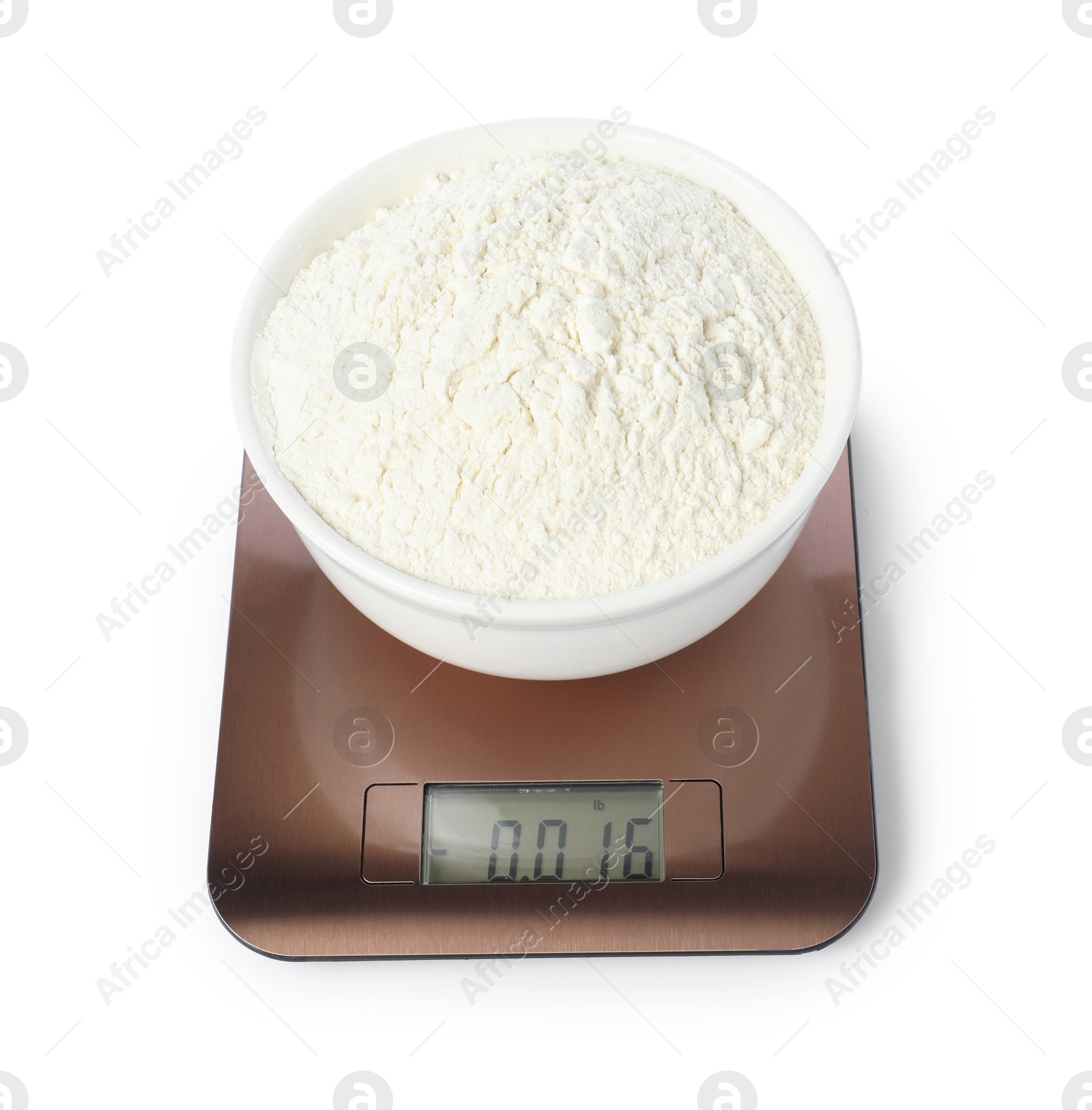 Photo of Modern electronic kitchen scale with bowl of flour isolated on white