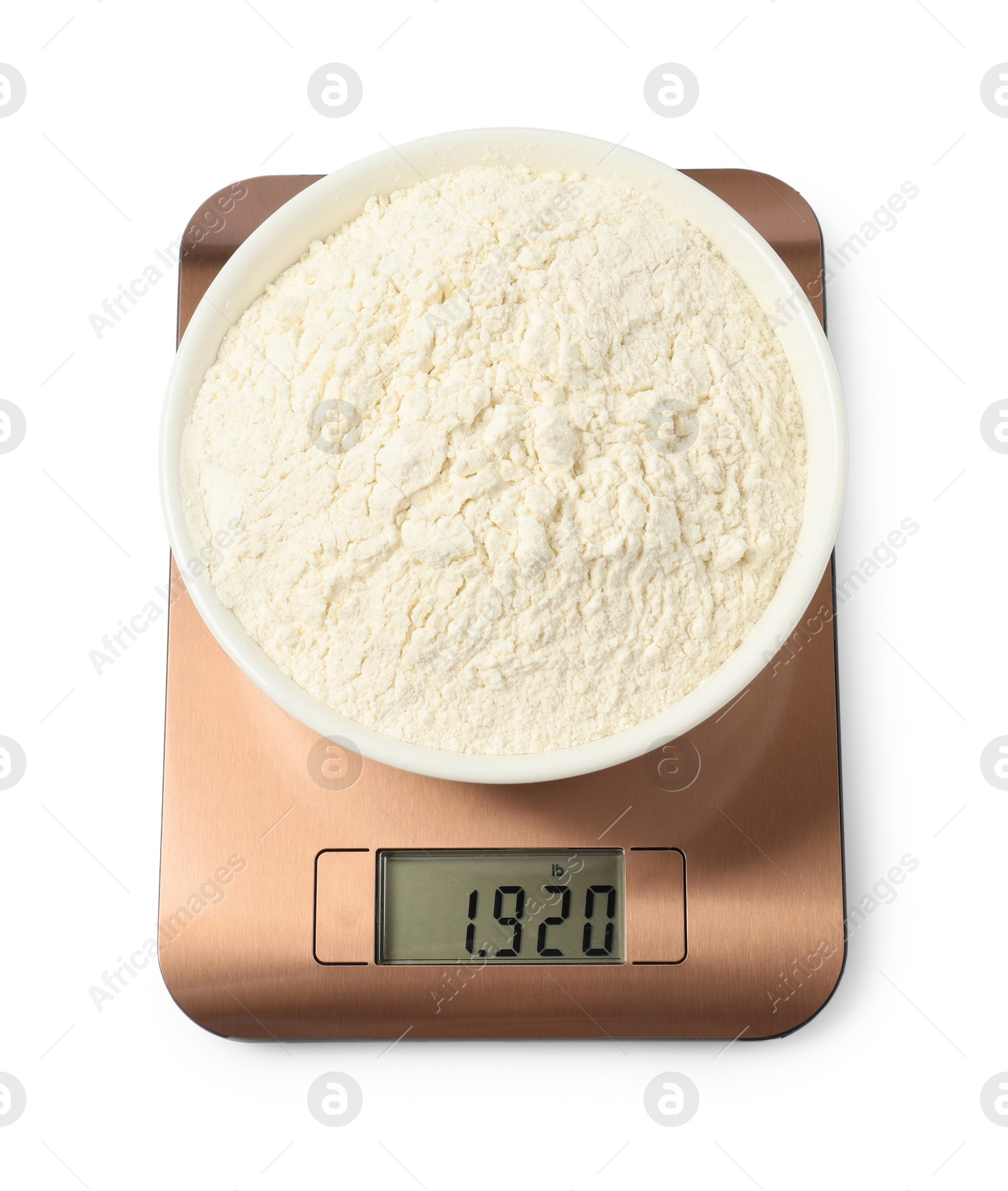 Photo of Modern electronic kitchen scale with bowl of flour isolated on white, top view