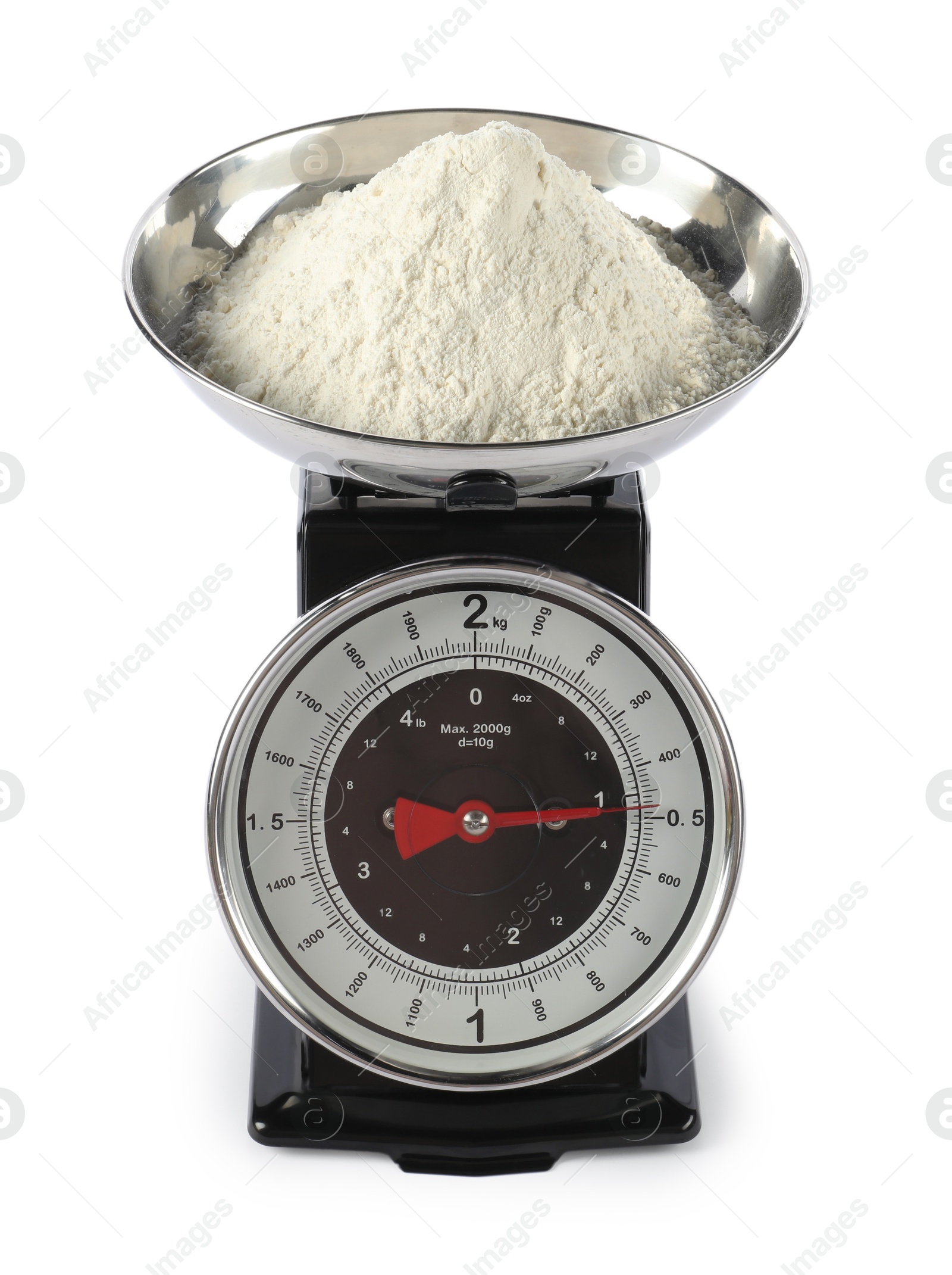 Photo of Retro mechanical kitchen scale with flour isolated on white