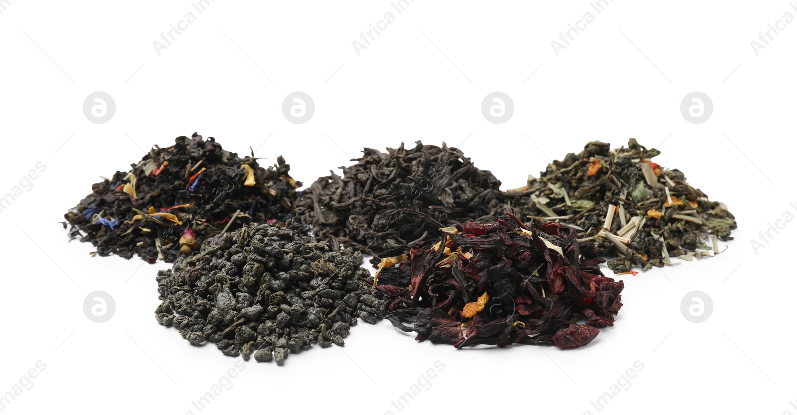 Photo of Different types of tea brew isolated on white