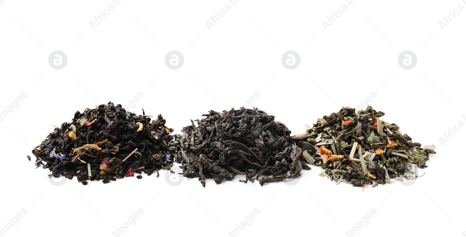 Photo of Different types of tea brew isolated on white