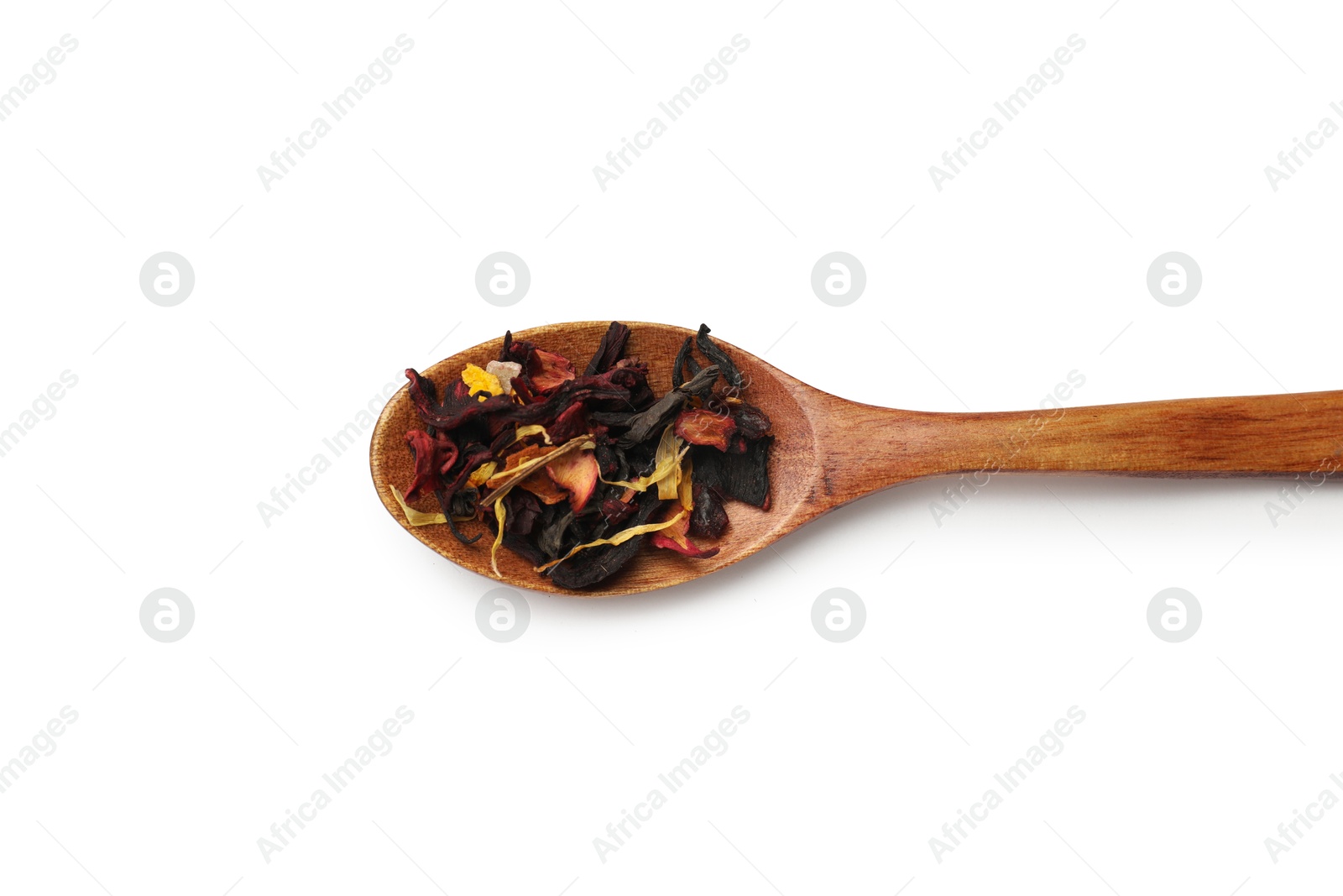 Photo of Spoon with dried tea leaves isolated on white, top view