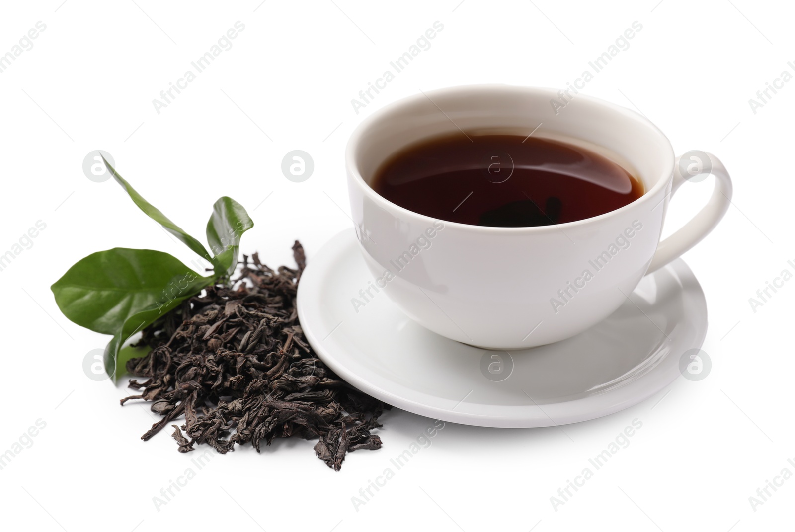 Photo of Aromatic tea, brew and fresh leaves isolated on white