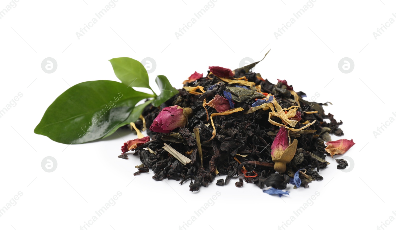 Photo of Pile of dried tea leaves isolated on white