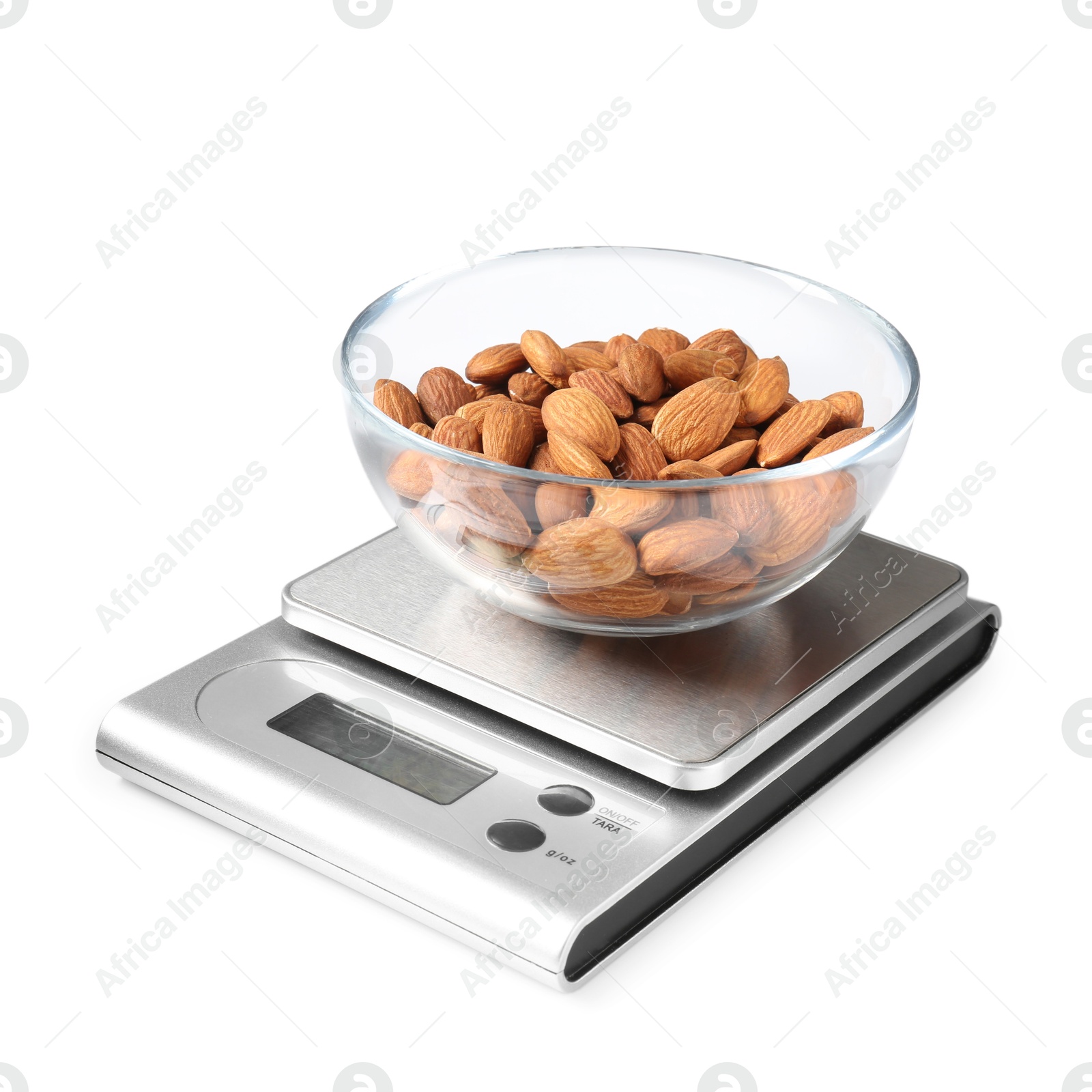 Photo of Electronic kitchen scale with almonds isolated on white