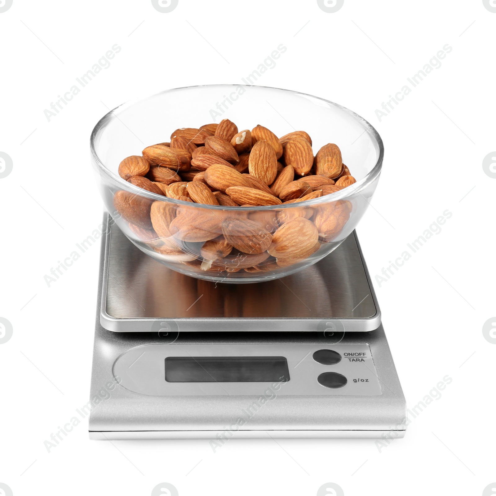 Photo of Electronic kitchen scale with almonds isolated on white